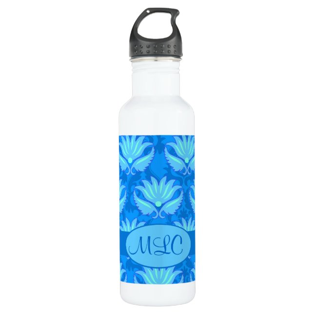Blue Turquoise Art Nouveau Damask Monogram Water Bottle (Front)