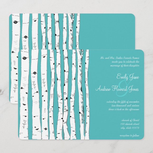 Blue Turquoise Birch Tree Wedding Invitations (Front/Back)