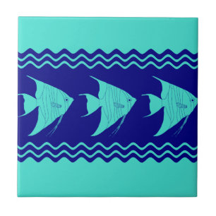 Blue Turquoise Coastal Angelfish Stripes Ceramic Tile