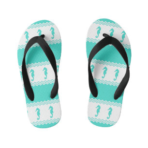 Blue Turquoise Coastal Seahorses Stripes Kid's Flip Flops