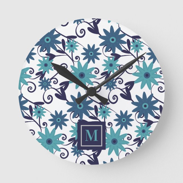 Blue Turquoise Flowers Monogram  Round Clock (Front)
