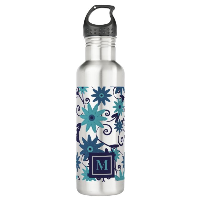 Blue Turquoise Flowers Monogram   Stainless Steel Water Bottle (Front)
