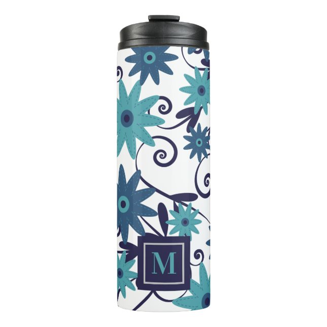 Blue Turquoise Flowers Monogram   Thermal Tumbler (Front)