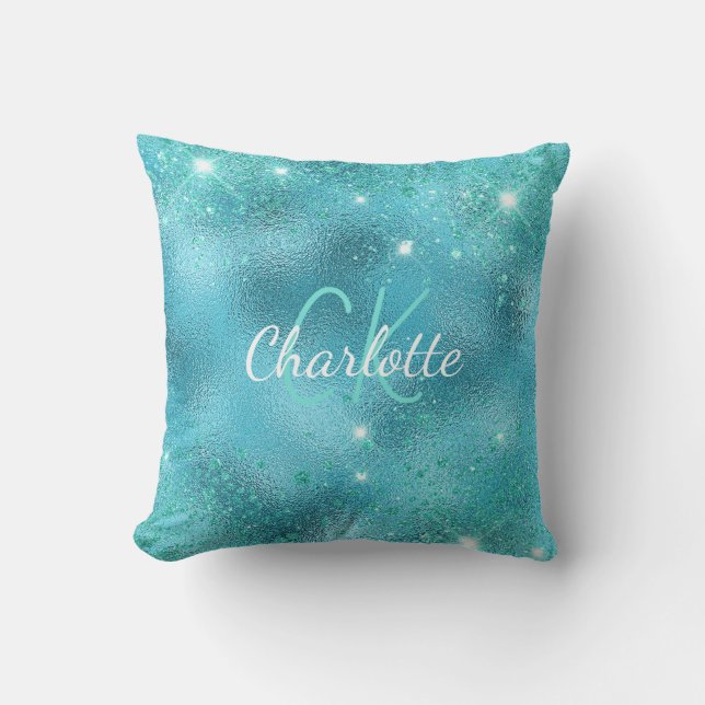 Blue turquoise glitter monogram outdoor pillow (Front)