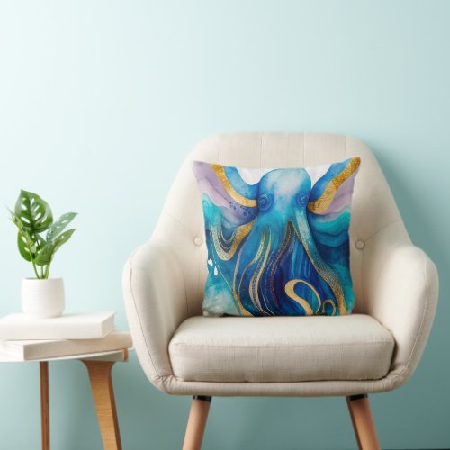 Blue Turquoise Gold Octopus Throw Pillow