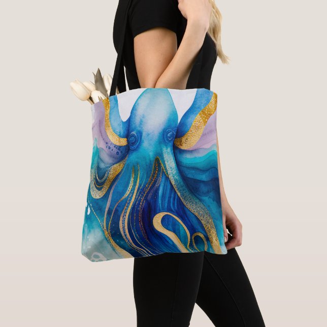 Blue Turquoise Gold Octopus Tote Bag (Close Up)