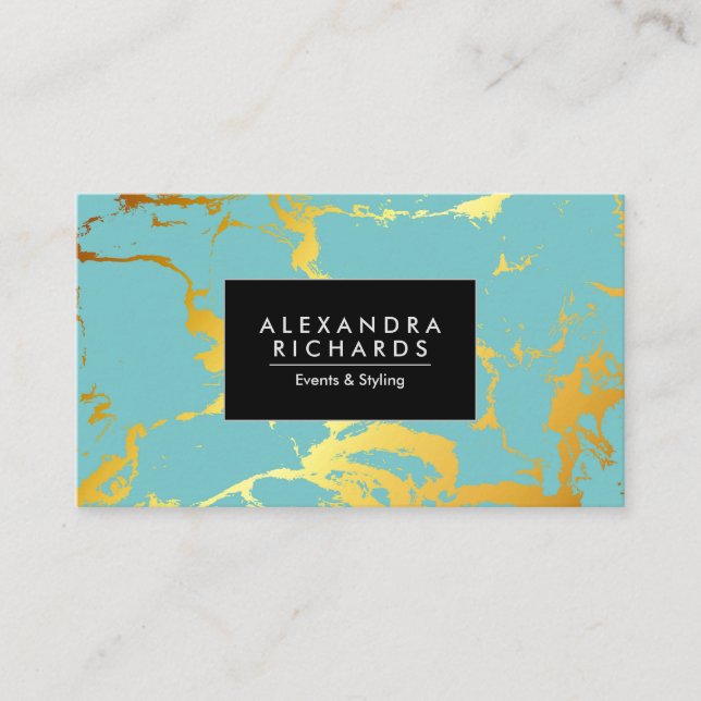 Blue Turquoise Golden Foil Business Card (Front)