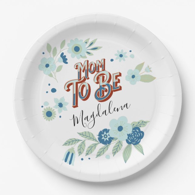 Blue Turquoise Green Flowers Mom To Be Paper Plates (Front)