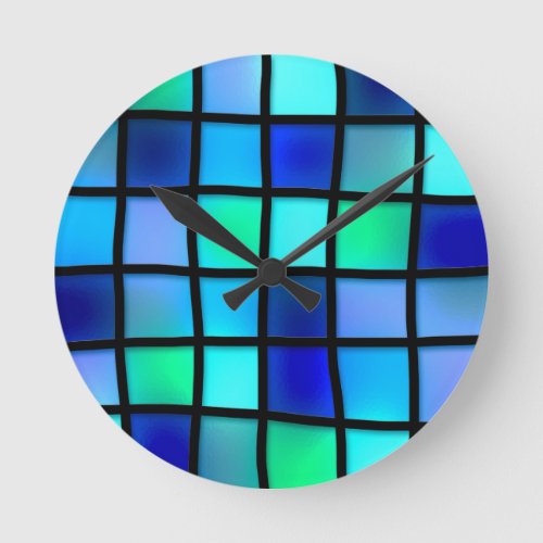Blue Turquoise Green Purple Stained Glass Art Round Clock
