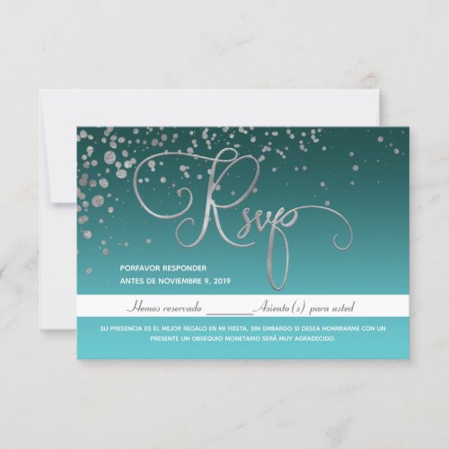 Blue Turquoise Green Quinceanera Spanish RSVP Card