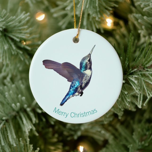 Blue Turquoise Hummingbird on Light Blue Ceramic Ornament (Tree)