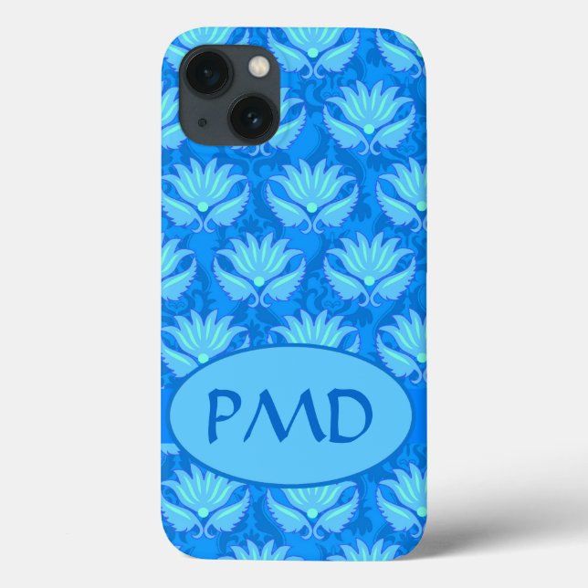 Blue Turquoise Modern Damask Monogram Custom Case-Mate iPhone Case (Back)