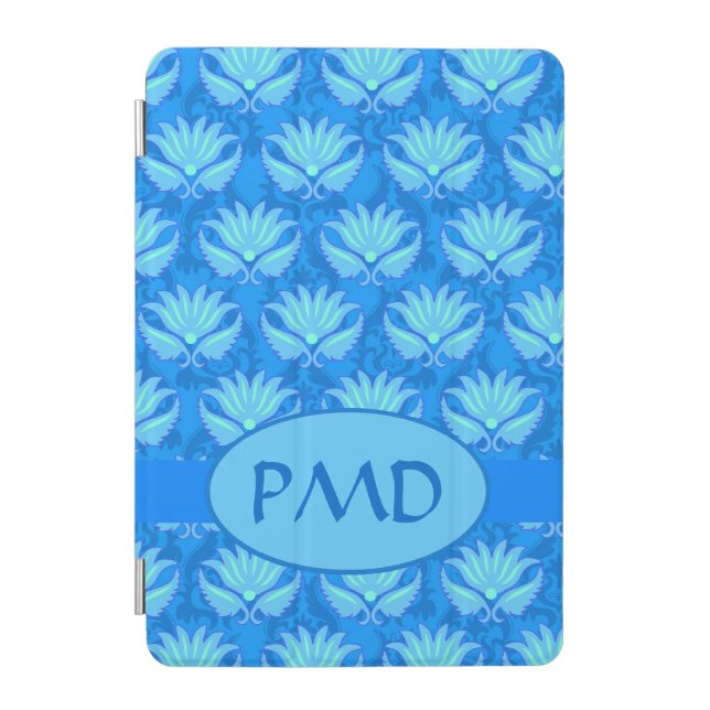 Blue Turquoise Modern Damask Monogram Custom iPad Mini Cover (Front)