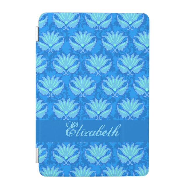 Blue Turquoise Modern Damask Name Personalized iPad Mini Cover (Front)