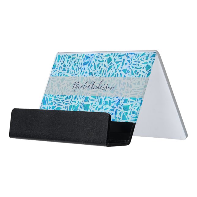 Blue Turquoise Mosaic Glass Tile Modern Chic Desk Business Card Holder (Angled Front)
