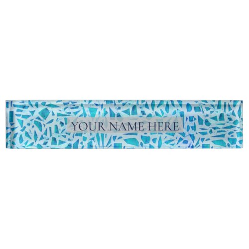 Blue Turquoise Mosaic Glass Tile Modern Chic Desk Name Plate