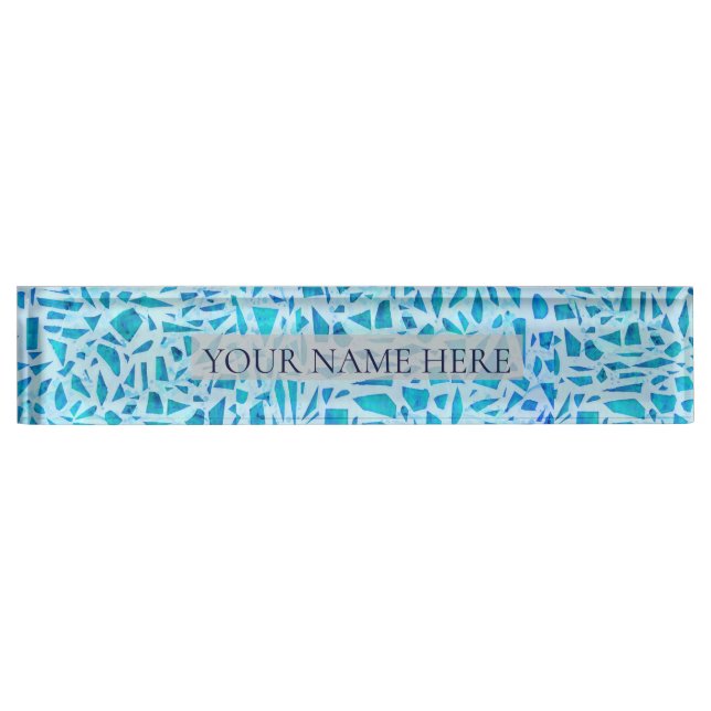 Blue Turquoise Mosaic Glass Tile Modern Chic Desk Name Plate (Front)