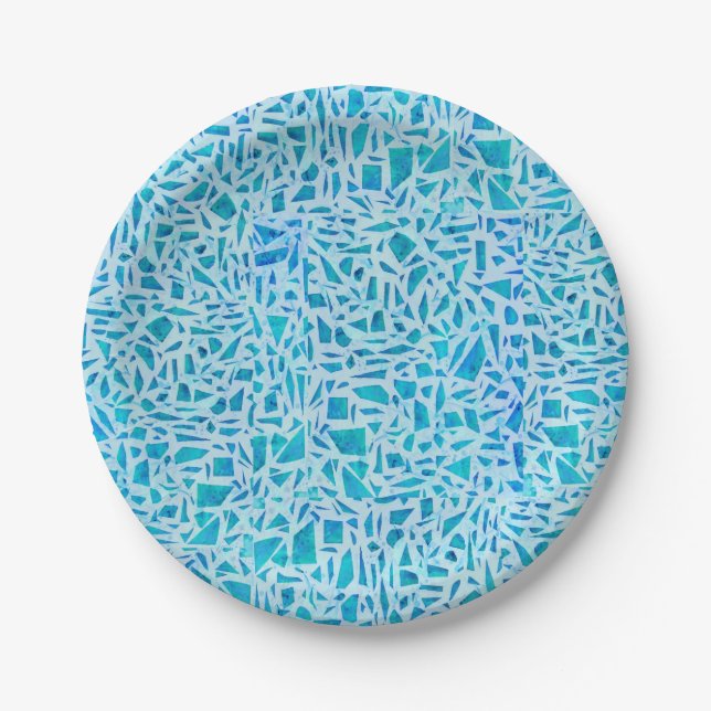 Blue Turquoise Mosaic Glass Tile Modern Chic Paper Plates (Front)