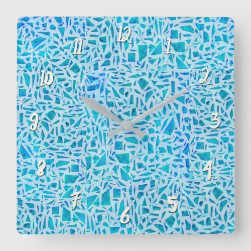 Blue Turquoise Mosaic Glass Tile Modern Chic Square Wall Clock