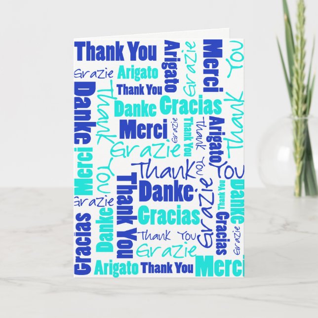 Blue Turquoise Multilingual Thank You Collage Card (Front)