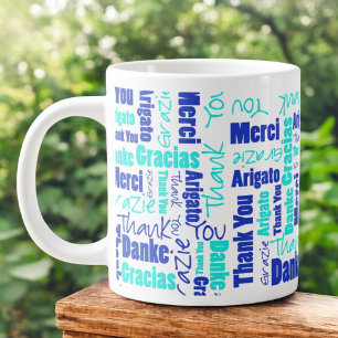 Blue Turquoise Multilingual Thank You Typography Giant Coffee Mug