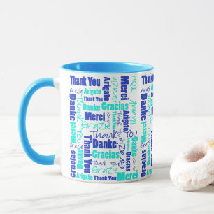 Blue Turquoise Multilingual Thank You Word Cloud Mug