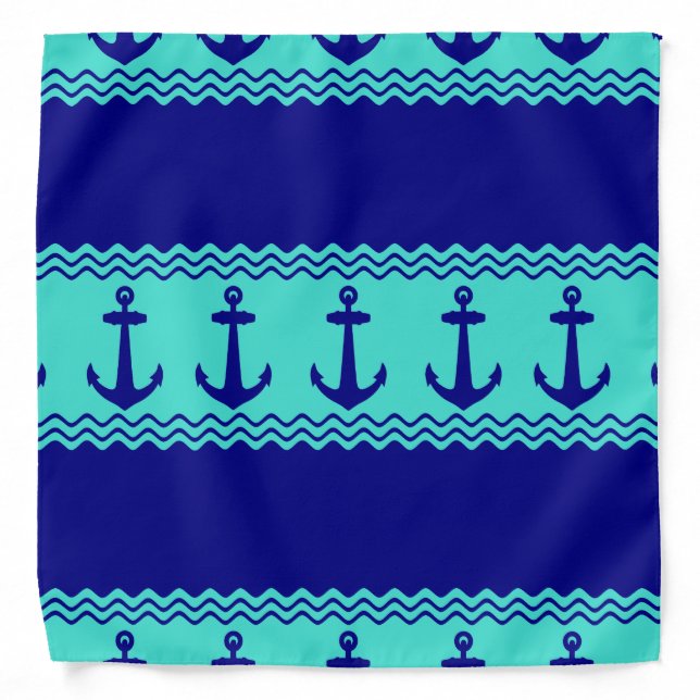 Blue Turquoise Nautical Anchor Coastal Stripes Bandana (Front)