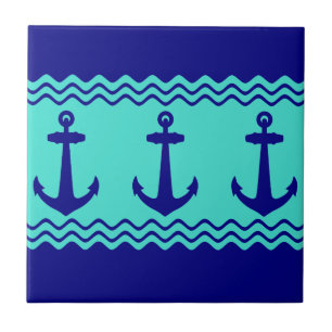Blue Turquoise Nautical Anchor Coastal Stripes Ceramic Tile