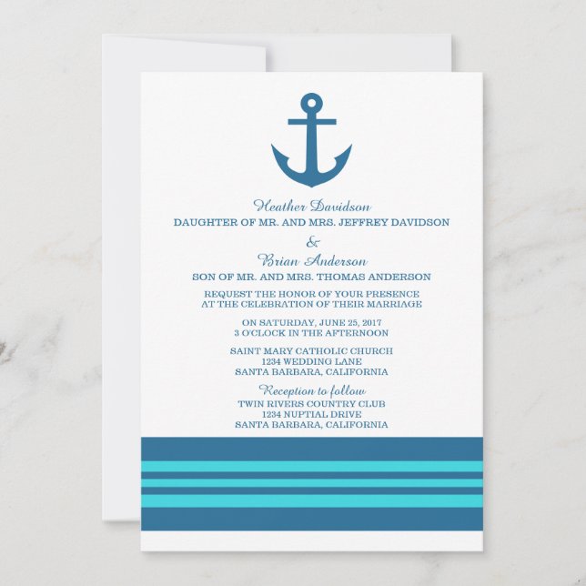 Blue Turquoise Nautical Anchor Wedding Invite (Front)