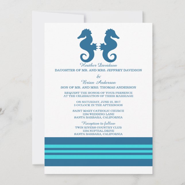 Blue Turquoise Nautical Seahorse Wedding Invite (Front)
