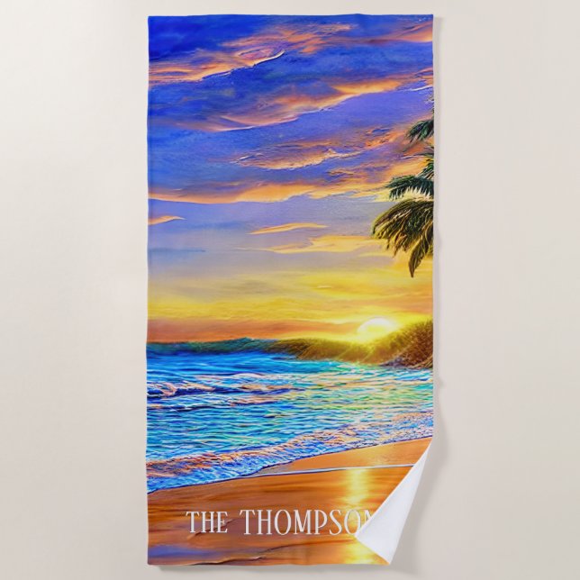 Blue Turquoise Ocean Sunset Beach Towel (Front)