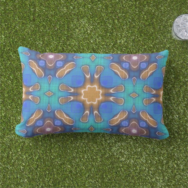 Blue Turquoise Ochre Brown Hip Ornate Art Motif Lumbar Pillow (Grass)