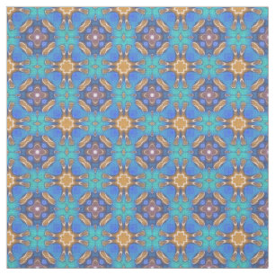 Blue Turquoise Ochre Retro Nouveau Mosaic Pattern Fabric