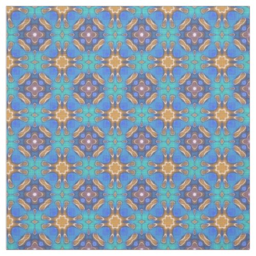 Blue Turquoise Ochre Retro Nouveau Mosaic Pattern Fabric