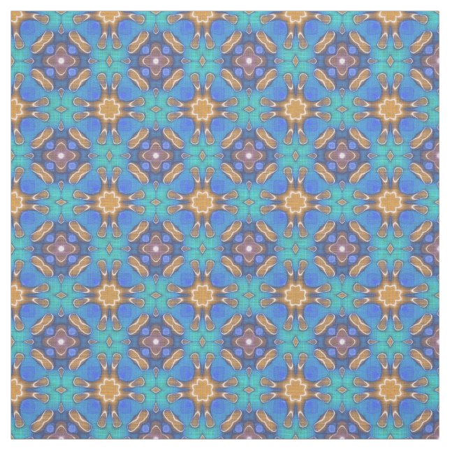 Blue Turquoise Ochre Retro Nouveau Mosaic Pattern Fabric (Swatch)