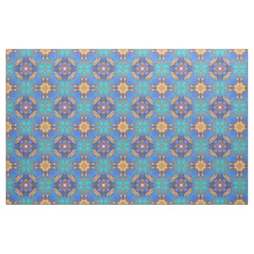 Blue Turquoise Ochre Retro Nouveau Mosaic Pattern Fabric