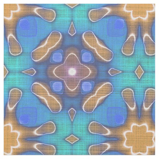 Blue Turquoise Ochre Retro Nouveau Mosaic Pattern Fabric