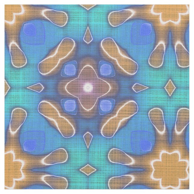 Blue Turquoise Ochre Retro Nouveau Mosaic Pattern Fabric (Close Up)