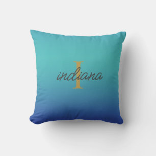 Blue Turquoise Ombre Modern Script Monogram Name Throw Pillow