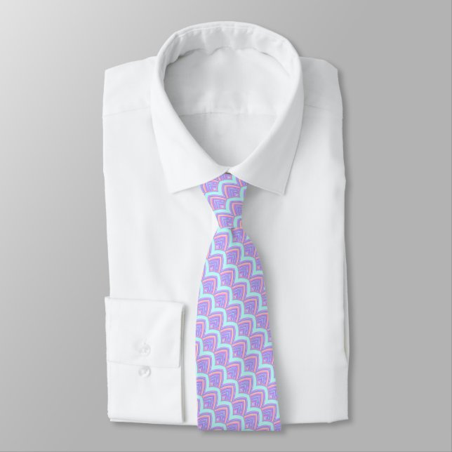 Blue Turquoise Pink Violet Purple Feather Pattern Neck Tie (Tied)