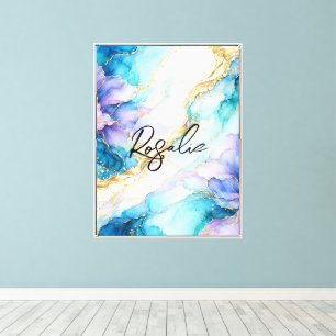 Blue Turquoise Purple Gold Abstract Floral Marble Canvas Print