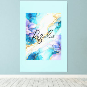 Blue Turquoise Purple Gold Abstract Floral Marble  Canvas Print