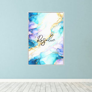 Blue Turquoise Purple Gold Abstract Floral Marble  Canvas Print