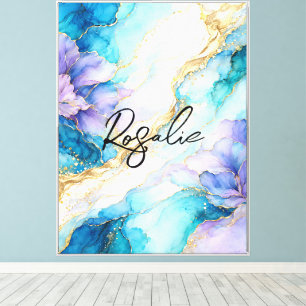 Blue Turquoise Purple Gold Abstract Floral Marble  Canvas Print