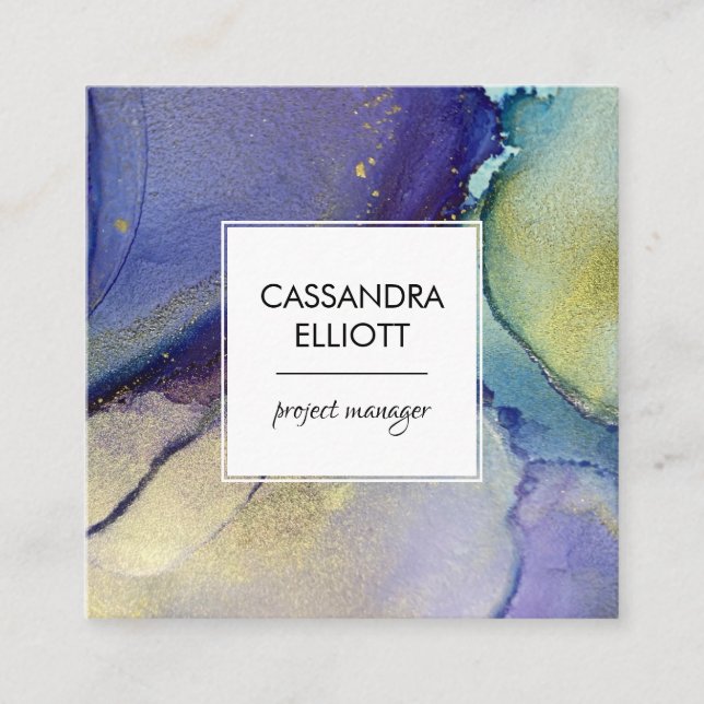 Blue Turquoise Purple Gold Abstract Liquid Art Square Business Card (Front)