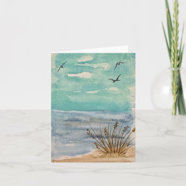 Blue turquoise sandy beach - birds in clouds  card (Front)