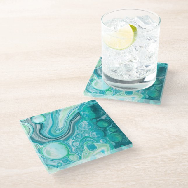 Blue, Turquoise Sea Waves and Bubbles      Glass Coaster (Angled)