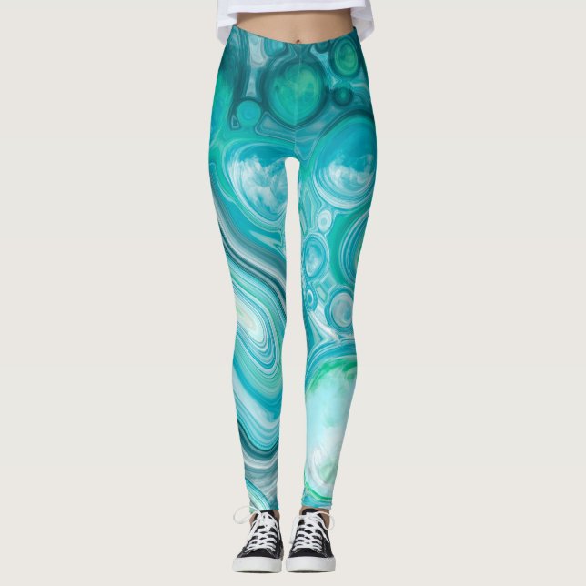 Blue, Turquoise Sea Waves and Bubbles  Leggings (Front)