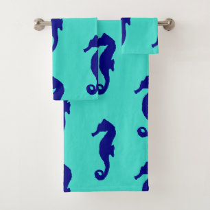 Blue Turquoise Seahorse Coastal Pattern Bath Towel Set