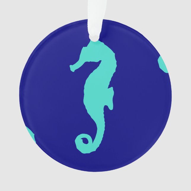 Blue Turquoise Seahorse Coastal Pattern Ornament (Front)